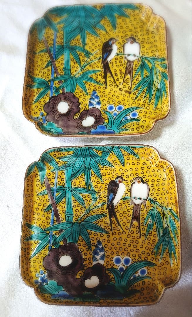 美品　九谷焼 ツバメの絵皿 5枚セット 角皿　角福 松寿堂造 竹林に燕図　色絵