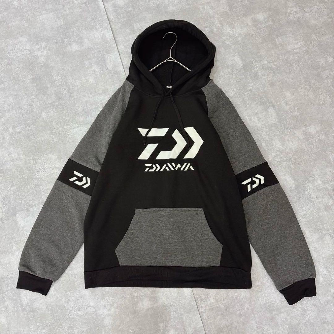 【大きいサイズ】3XL 裏起毛 ロゴ パーカー アウトドア 黒×グレー 釣り