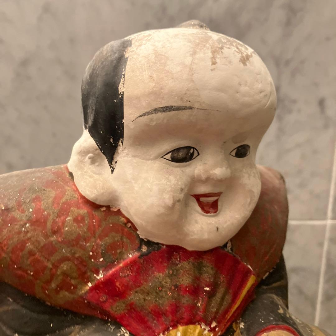 アンティーク約100年前瞳やおでこ、笑顔が美しく着物が素敵な金運、幸福を招く福助