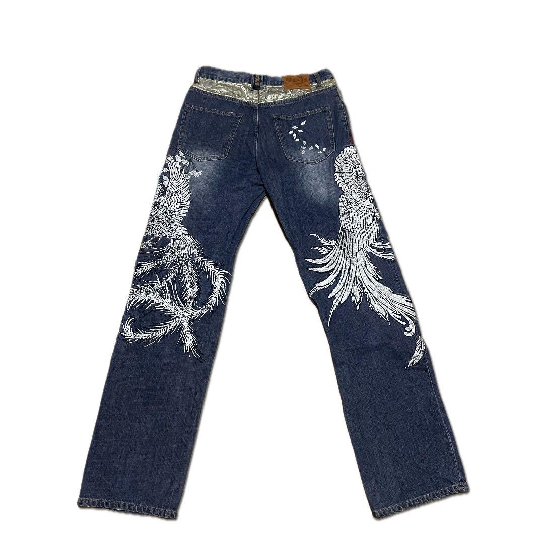 和柄　絡繰魂　鳳凰　刺繍デザイン ワイドレッグデニム　34インチ