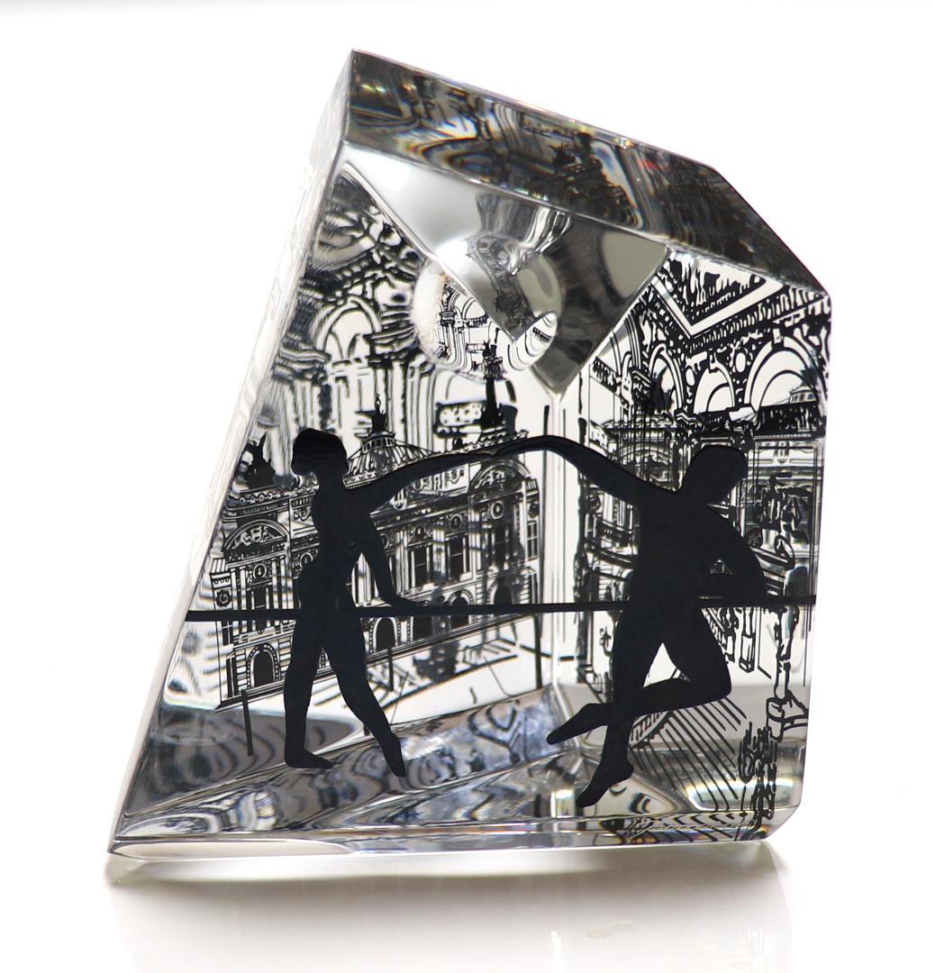バカラ 珍品 大型9面体 ペーパーウェイト 宮殿でバレエする男女 月と太陽 置物
