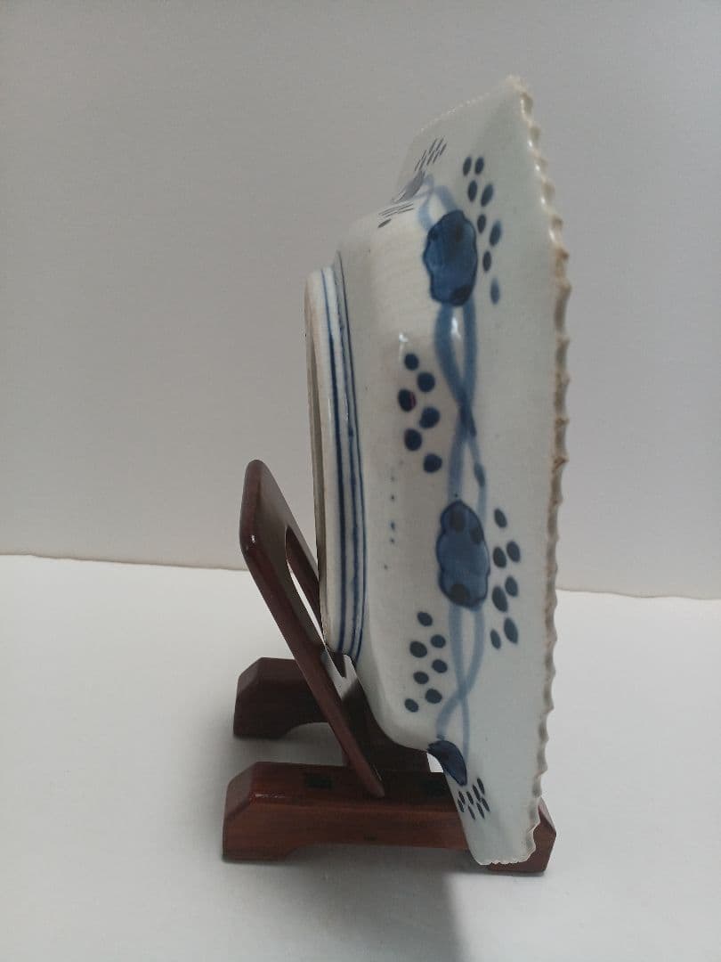 骨董伊万里　線描　染付　鳳凰文　角皿　隅切　1客