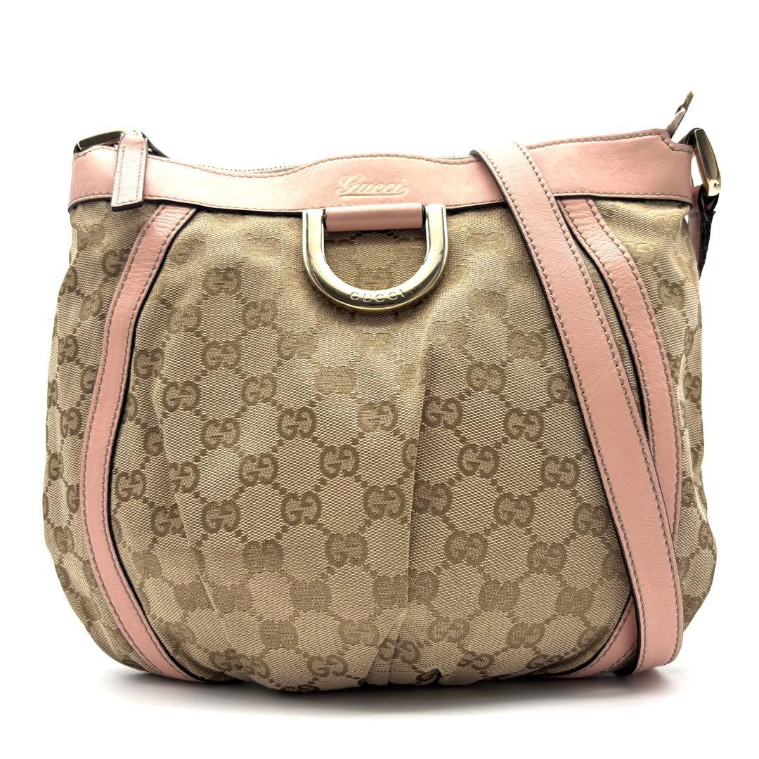 美品 グッチ ショルダーバッグ アビー GGキャンバス レザー 斜め掛け ピンク