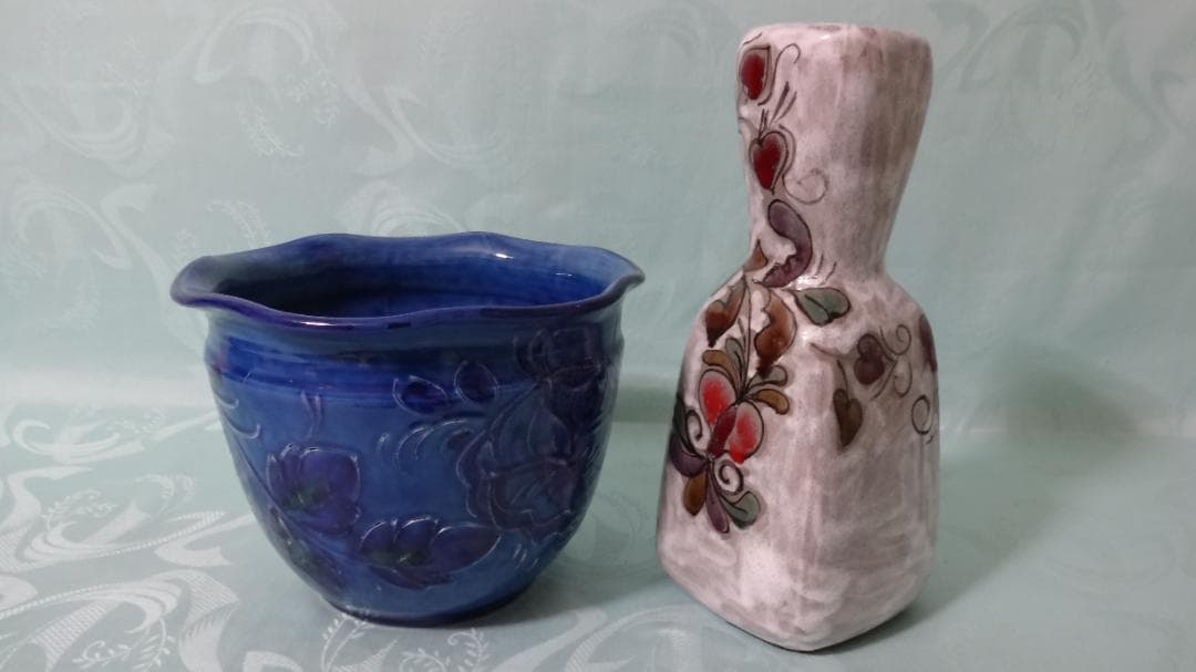 稀少 レア 1点物 イタリア製 HAND MADE サイン付花瓶　藍色鉢カバー