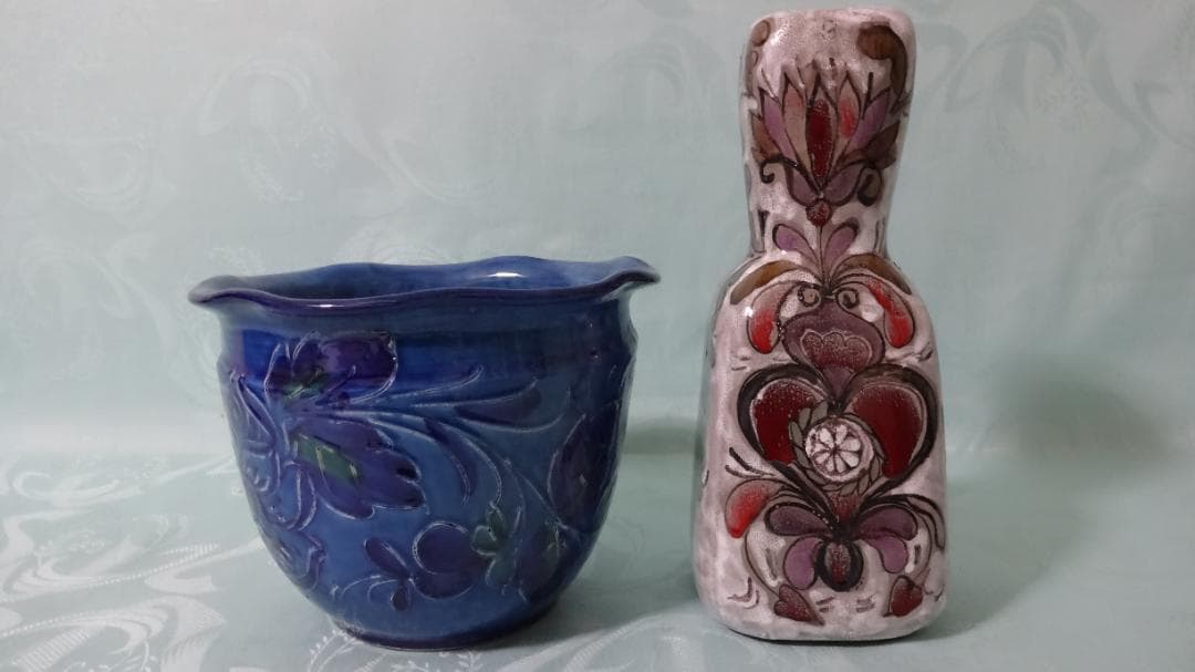 稀少 レア 1点物 イタリア製 HAND MADE サイン付花瓶　藍色鉢カバー