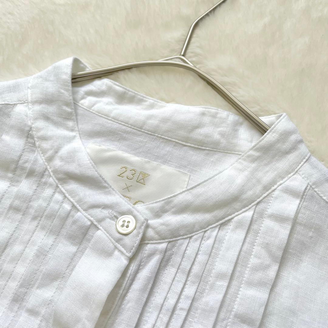 大きいサイズ 23区LIBECOリネンバンドカラーブラウス ピンタック 44白