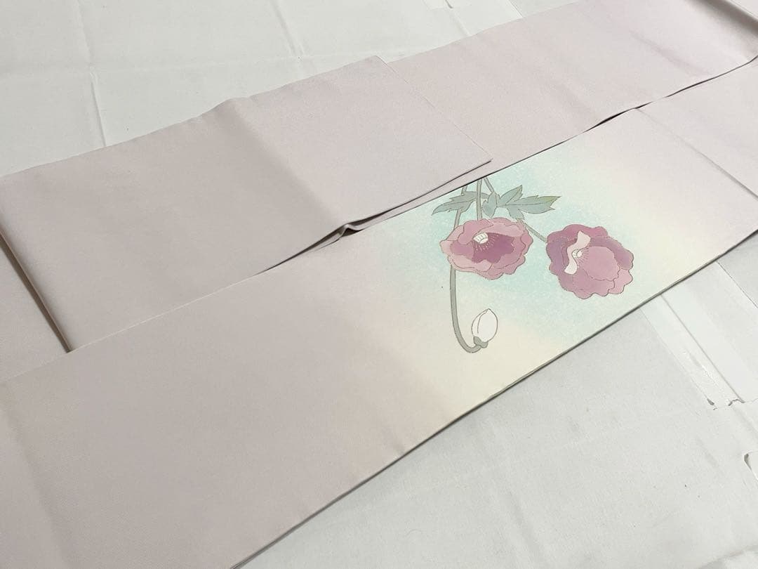 B5 塩瀬 作家物 落款入 ポピー 花模様 染め 紫 正絹 太鼓柄 名古屋帯