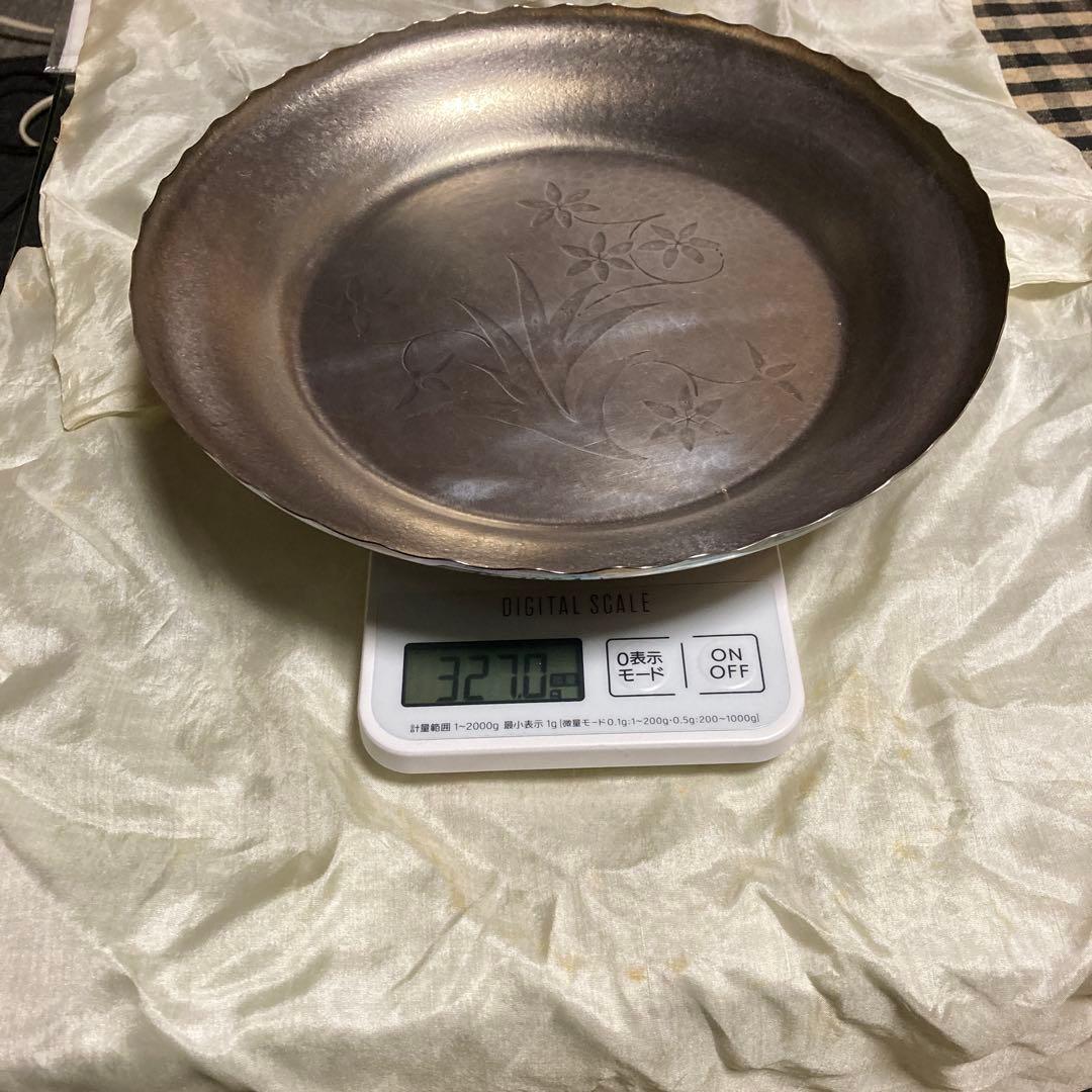 銀製　花柄食器皿　木箱付き　純銀服部製　327g