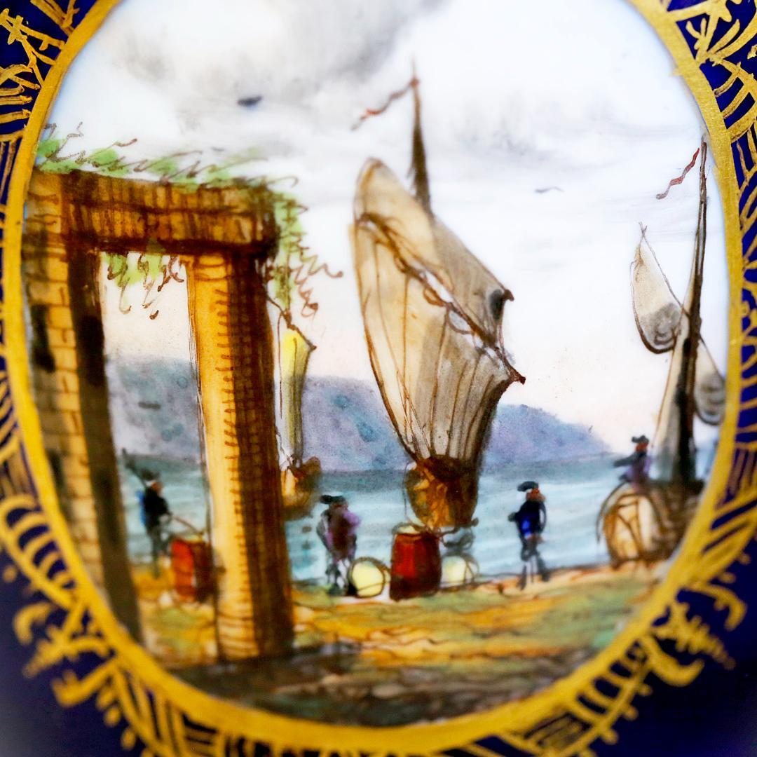 【送料込み】ドレスデン 帆船 壺 蓋付き 飾り壺 コバルト 金彩 ①