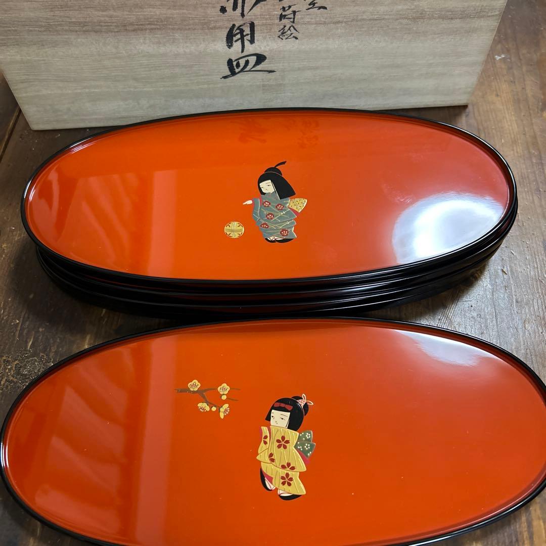 輪島塗　輪島漆器　大雅堂　摂田照彦　兼用皿　童蒔絵　５枚　高級漆器　未使用希少品