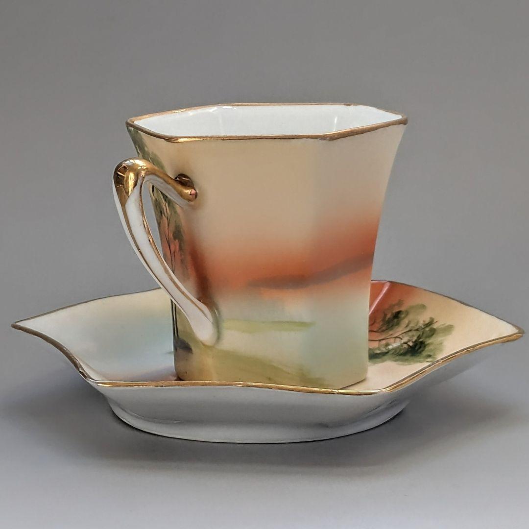 オールドノリタケ 金彩湖畔風景図　六角形ヘキサゴン　キャビネットカップ＆ソーサー