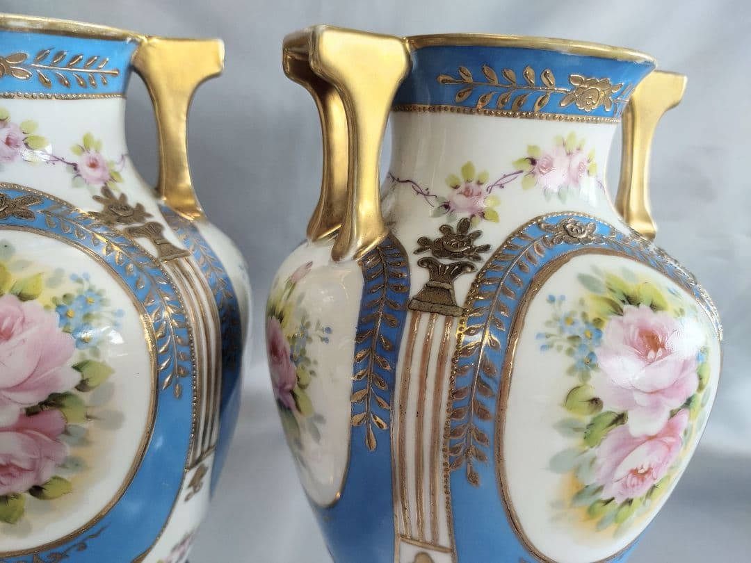 オールドノリタケ 明治期アンティーク マルキ印 青と白の花柄 ペア花瓶２個セット