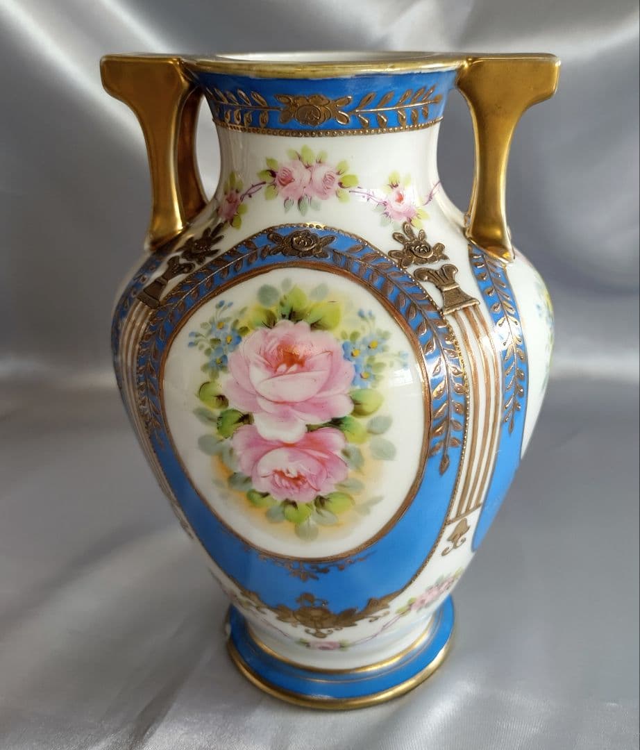 オールドノリタケ 明治期アンティーク マルキ印 青と白の花柄 ペア花瓶２個セット