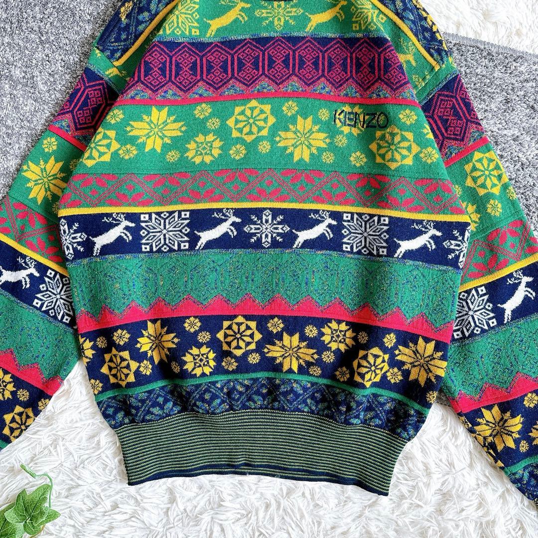 希少　美品　オールド　ケンゾー　総柄 ニット　切り替え　刺繍ロゴ　ウール混