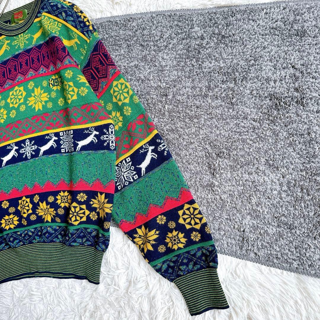 希少　美品　オールド　ケンゾー　総柄 ニット　切り替え　刺繍ロゴ　ウール混