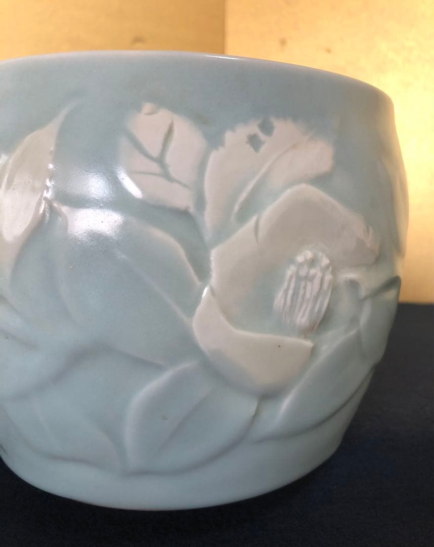 ❗️割引《R》妙高焼 青磁 椿文 水指 高井進 歴書 共布 共箱　250826G2