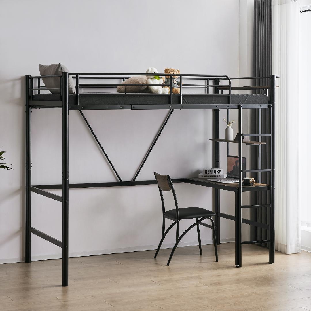 【ブラック】ロフトベッド シングル 机付き 耐荷重150kg 高さ170cm