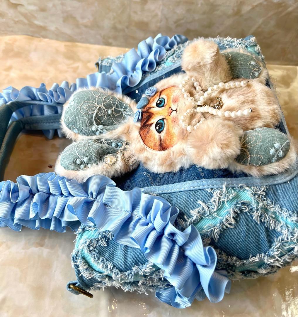 コヤンイサムチョン　フリンジデニム/スパンコールレースデニム　フリル持ち手バッグ