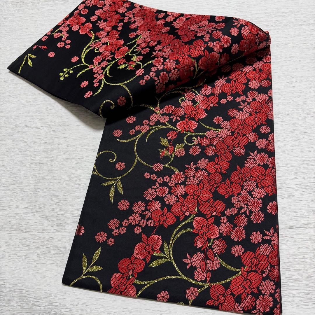 D33＋m-59 胡蝶蘭 今井織物 振袖 正絹 袋帯 六通 未使用 黒地