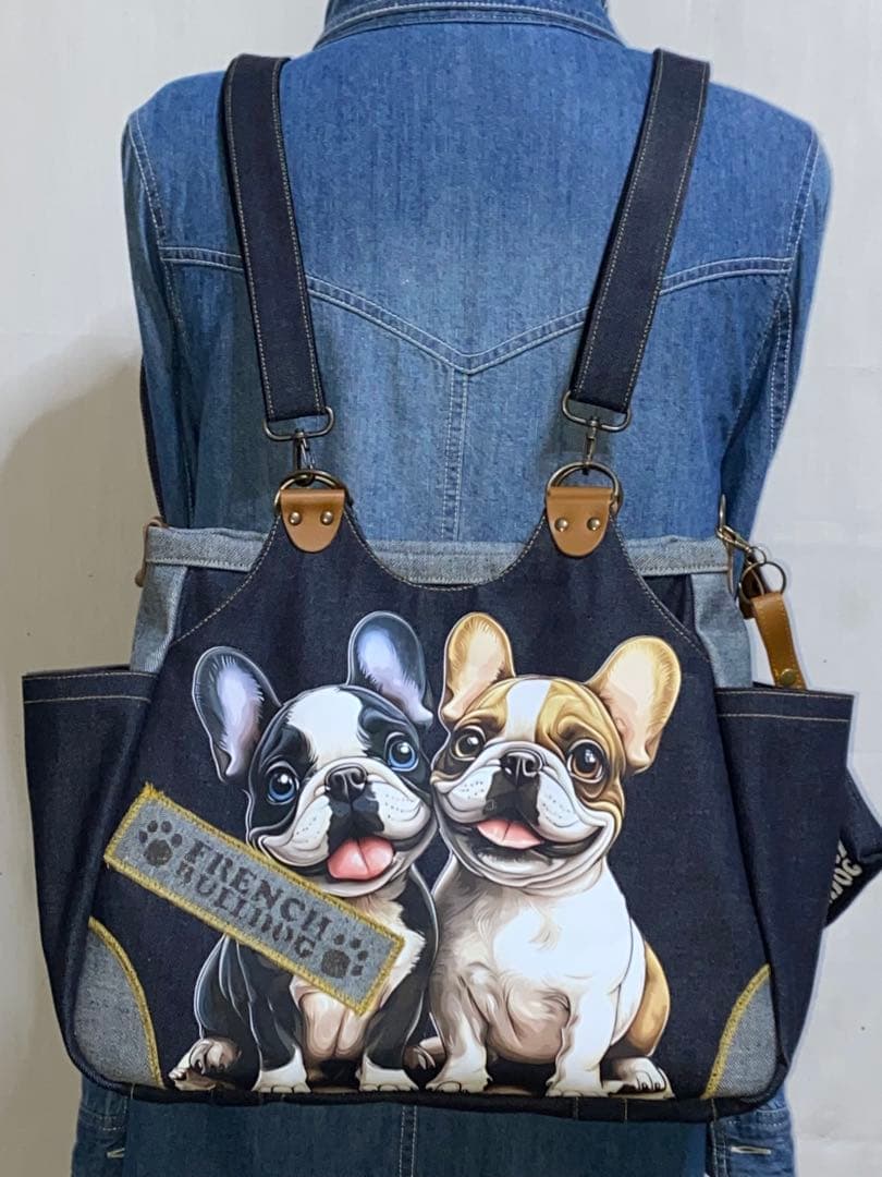 ☆岡山デニム☆ステンシル☆☆フレンチブルドッグ☆4wayあおりバッグ