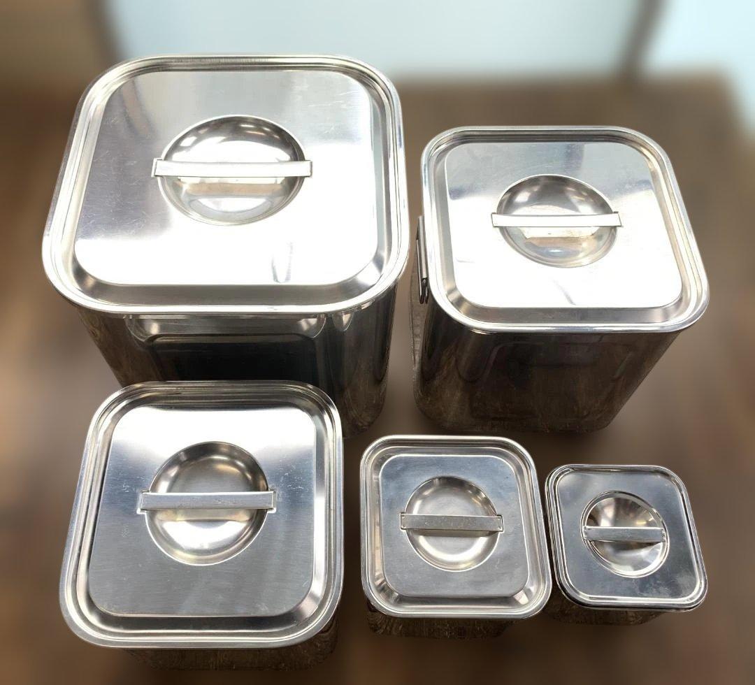 ユキワ 18-8ステンレス 角深型キッチンポット 5個セット 手・目盛・蓋付 ③