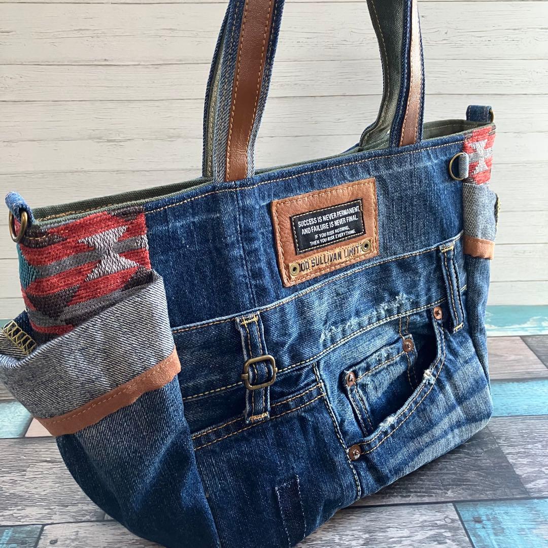 ◆デニム×ネイティヴ柄◆サイドポケット付き トートバッグ 他2点