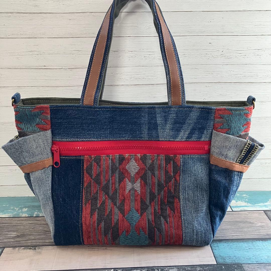 ◆デニム×ネイティヴ柄◆サイドポケット付き トートバッグ 他2点