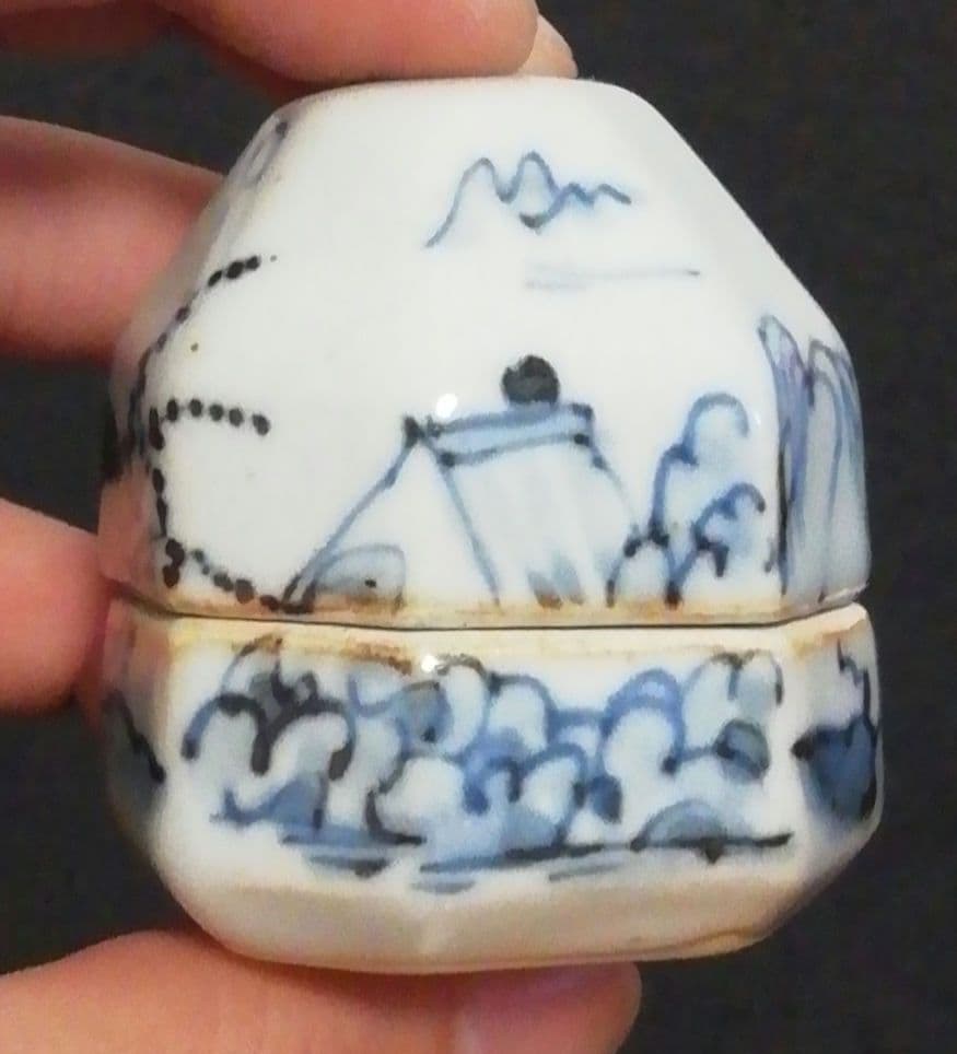 佐藤走波作　染付　山水　香合　共箱　茶道具