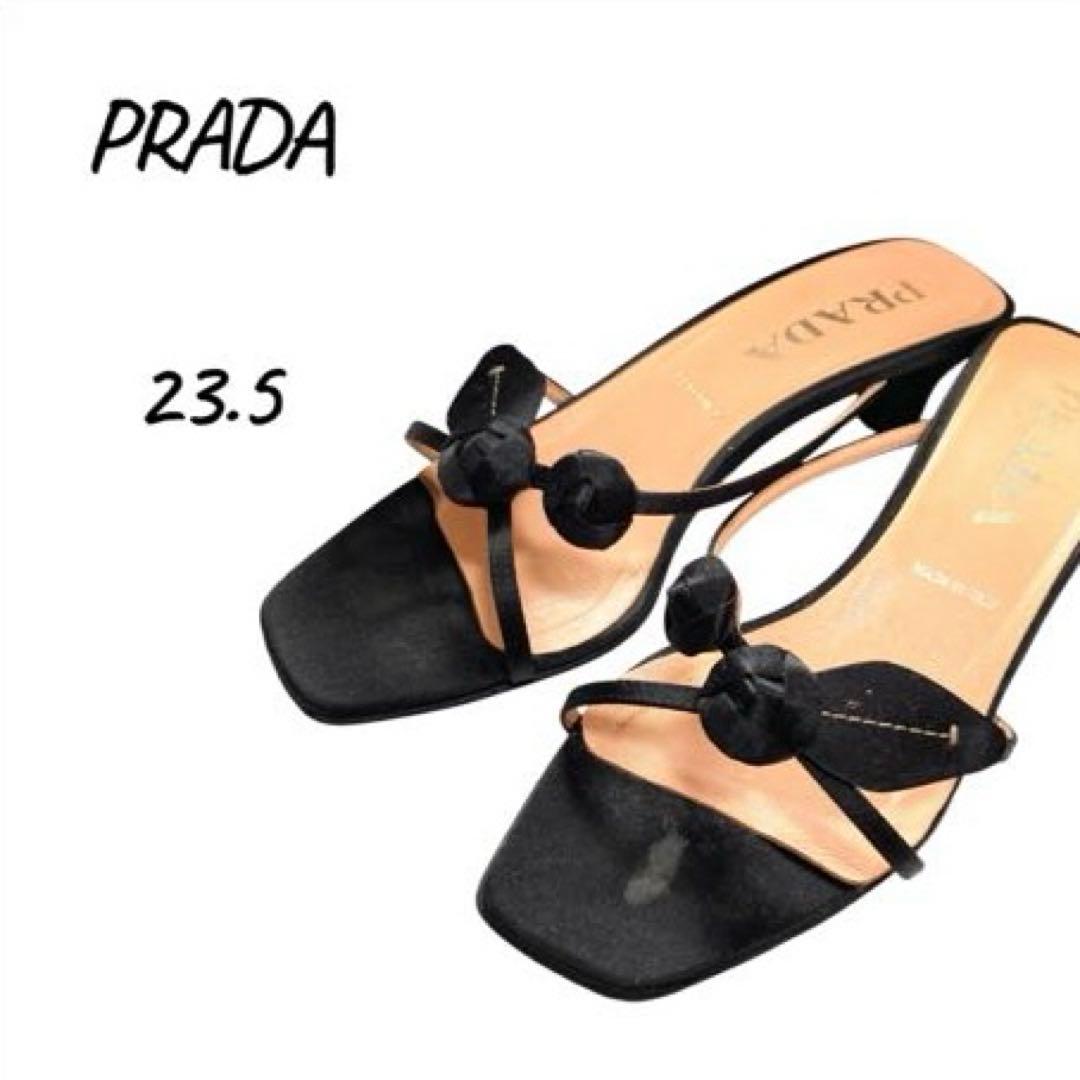 PRADA プラダ　サンダル　23.5 ミュール　黒　バラ　お花モチーフ　37