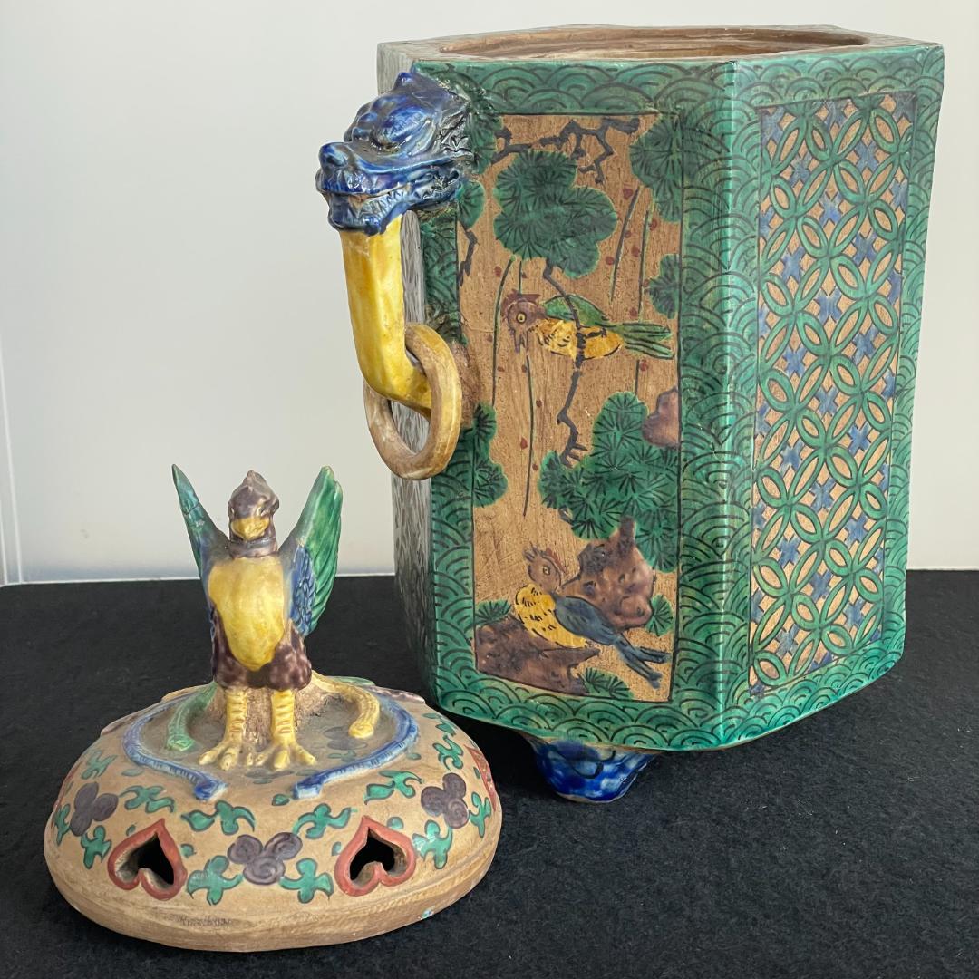 希少 古九谷 青九谷 青手 香炉 角福 1800年 香炉 鳳凰 獅子 吉田屋