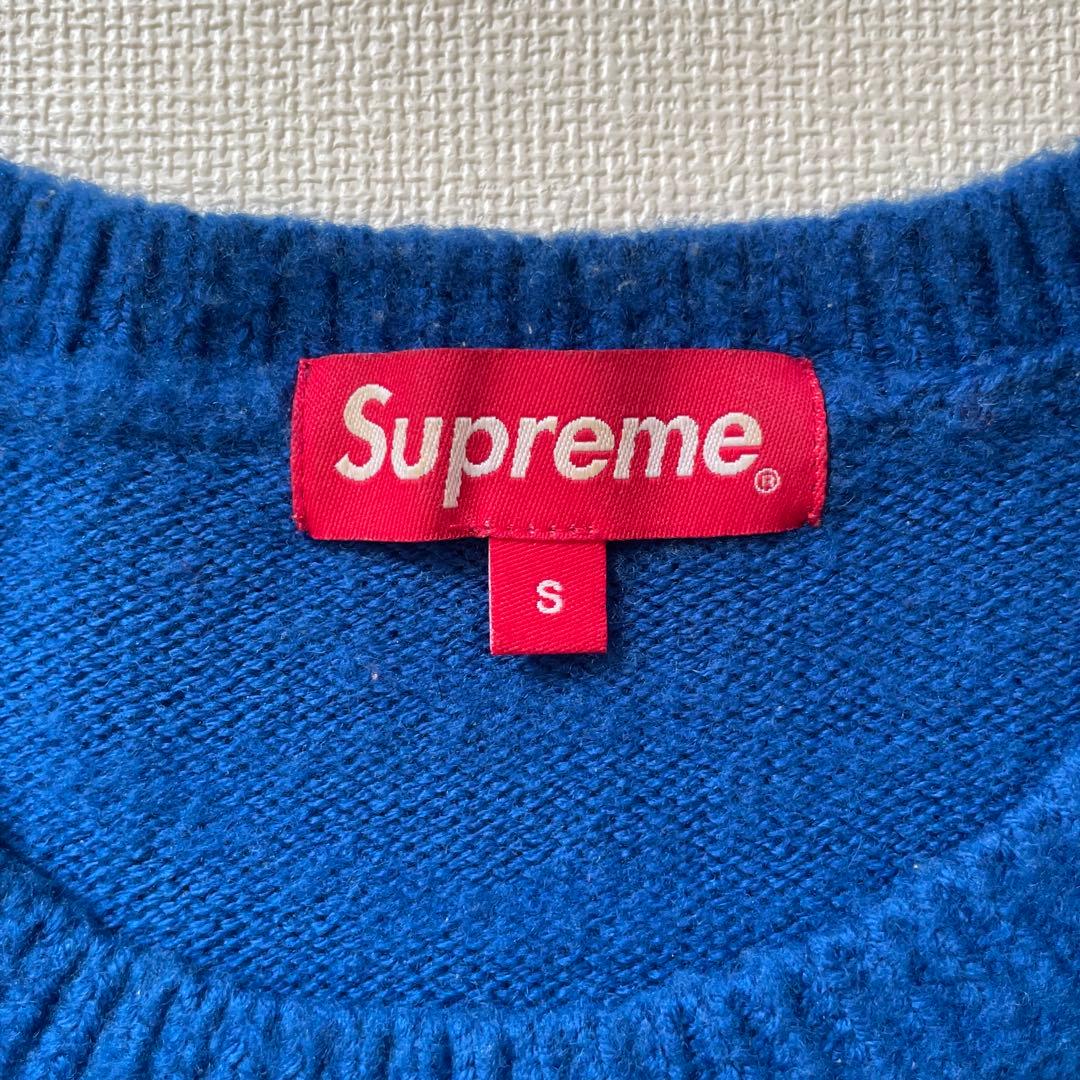 Supreme ニット セーター 刺繍ロゴ　ウール混素材　青　S