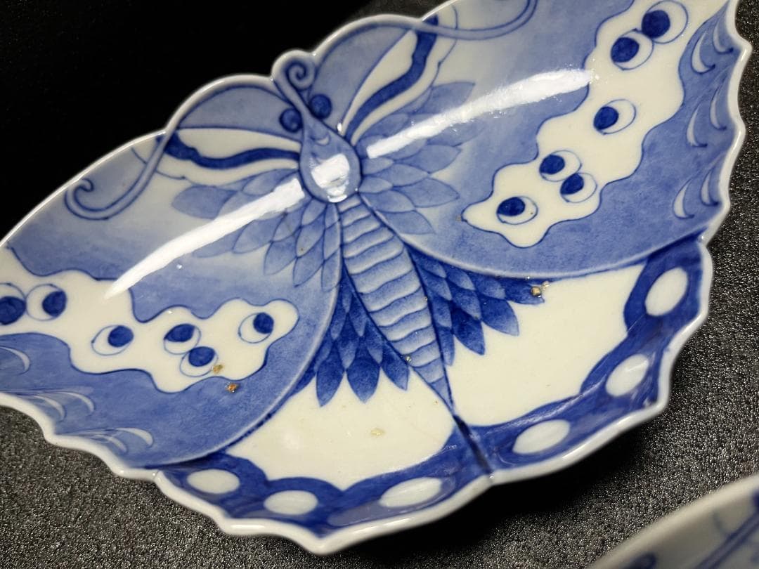 希少品　オールド香蘭社　染付　蝶型　銘々皿　変わり皿　取り皿　４客