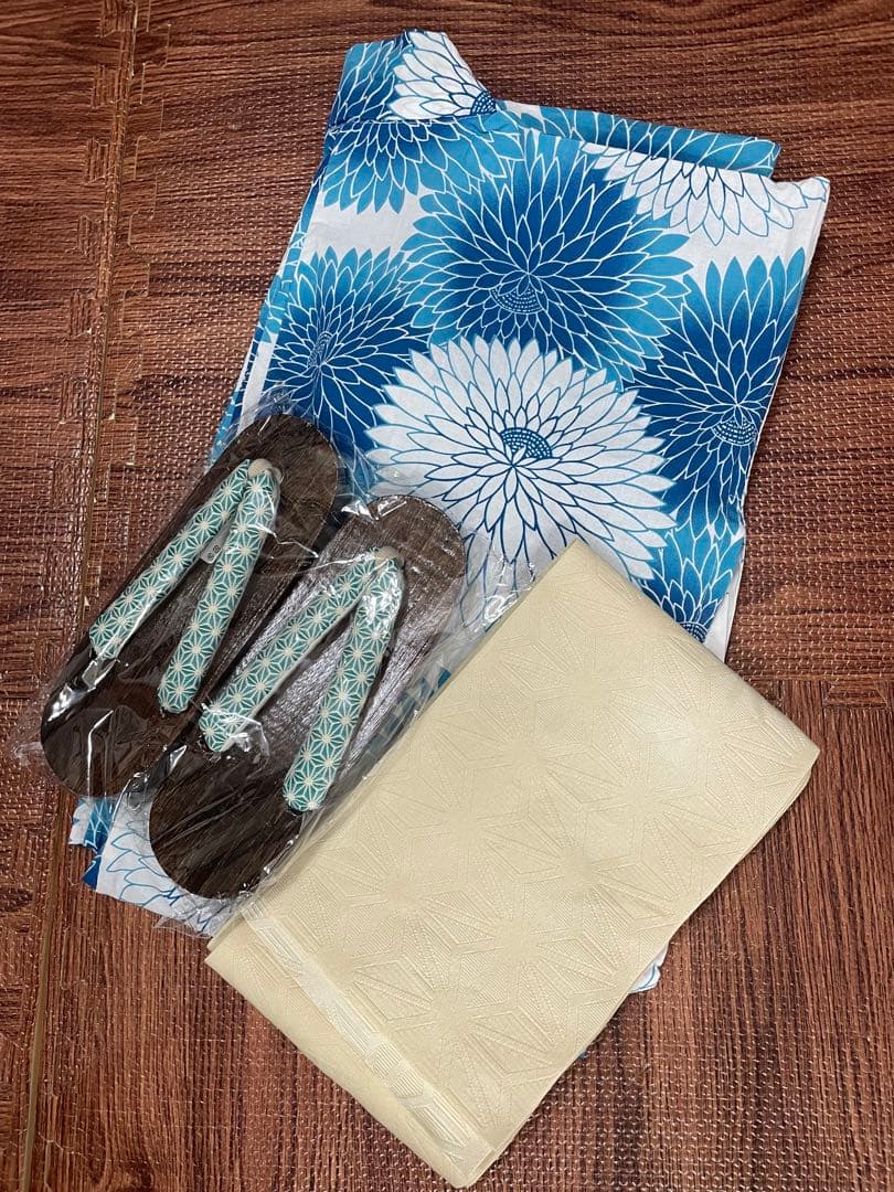 レディース 浴衣セット 浴衣3点セット（浴衣＋帯+下駄）ブルー丸菊　単衣帯