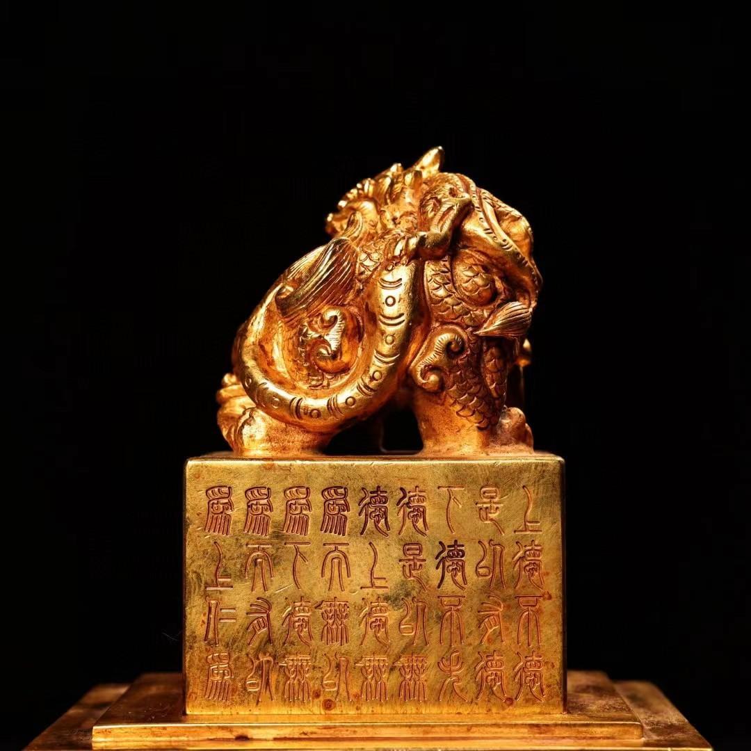 中国古美術・旧蔵鏨刻鎏金錾花の親子印鑑・純銅赤銅製・高浮彫・置物・書道具・文房具