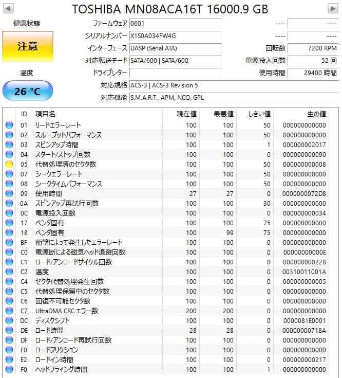 東芝 3.5インチ内蔵HDD 16TB 2台セット 健康状態:注意