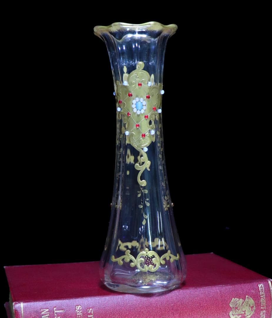 オールド・バカラ 1880年頃珍品 24金彩装飾エナメル彩ビジュー花瓶 ゴールド