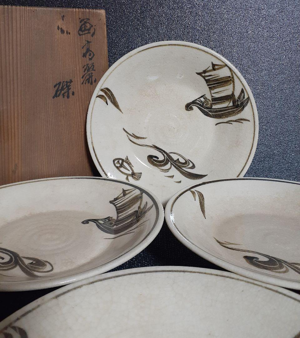 【真作保証❗️】【三代三浦竹泉】造　画　高麗　帆掛け舟に魚の図　皿　菓子皿　5客