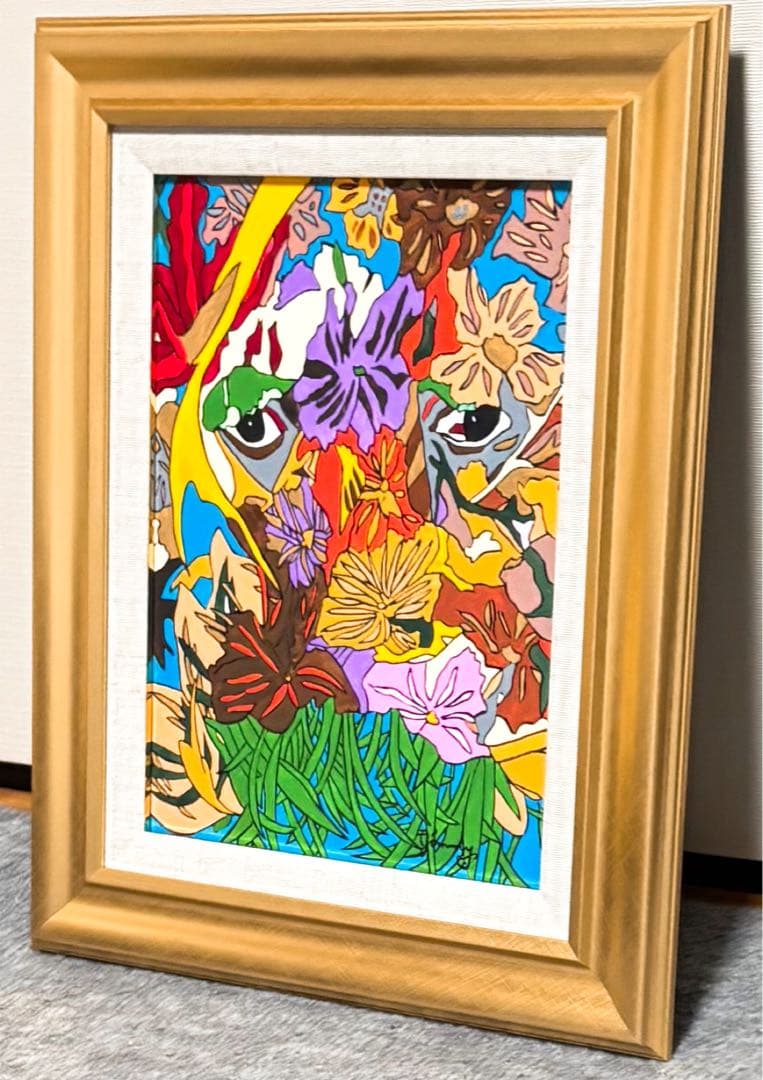 【F4号】手描き油彩　ジミー大西 ジャングルの眼　サイン　落款　額縁　未使用額