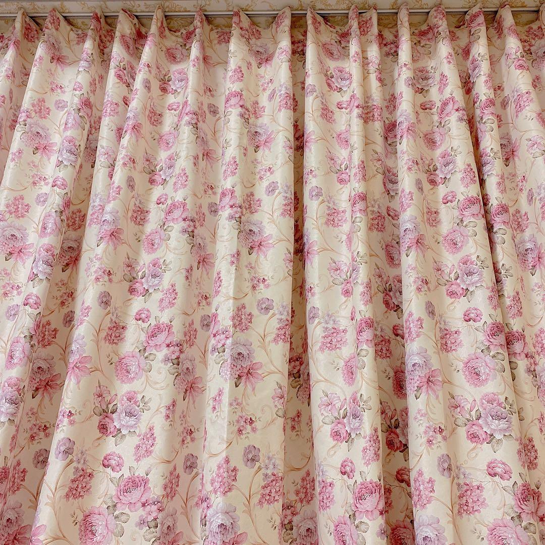 ピンク 幅195両面柄 花柄 オーダーカーテン 北欧 花柄おしゃれ ヨーロピアン