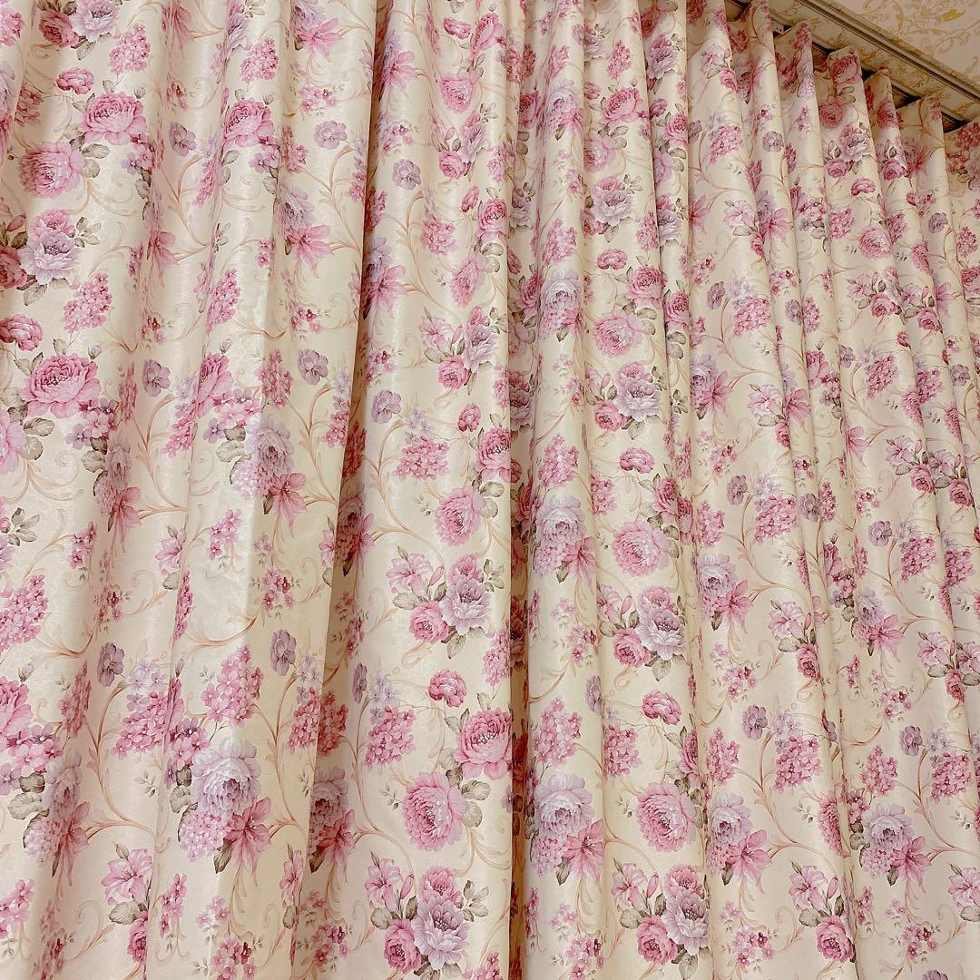 ピンク 幅195両面柄 花柄 オーダーカーテン 北欧 花柄おしゃれ ヨーロピアン