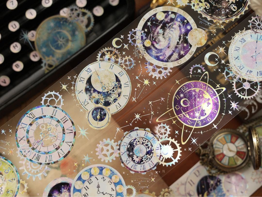 【9484】海外　5m巻　貝殻光マスキングテープ　星時計　カラフル　装飾系