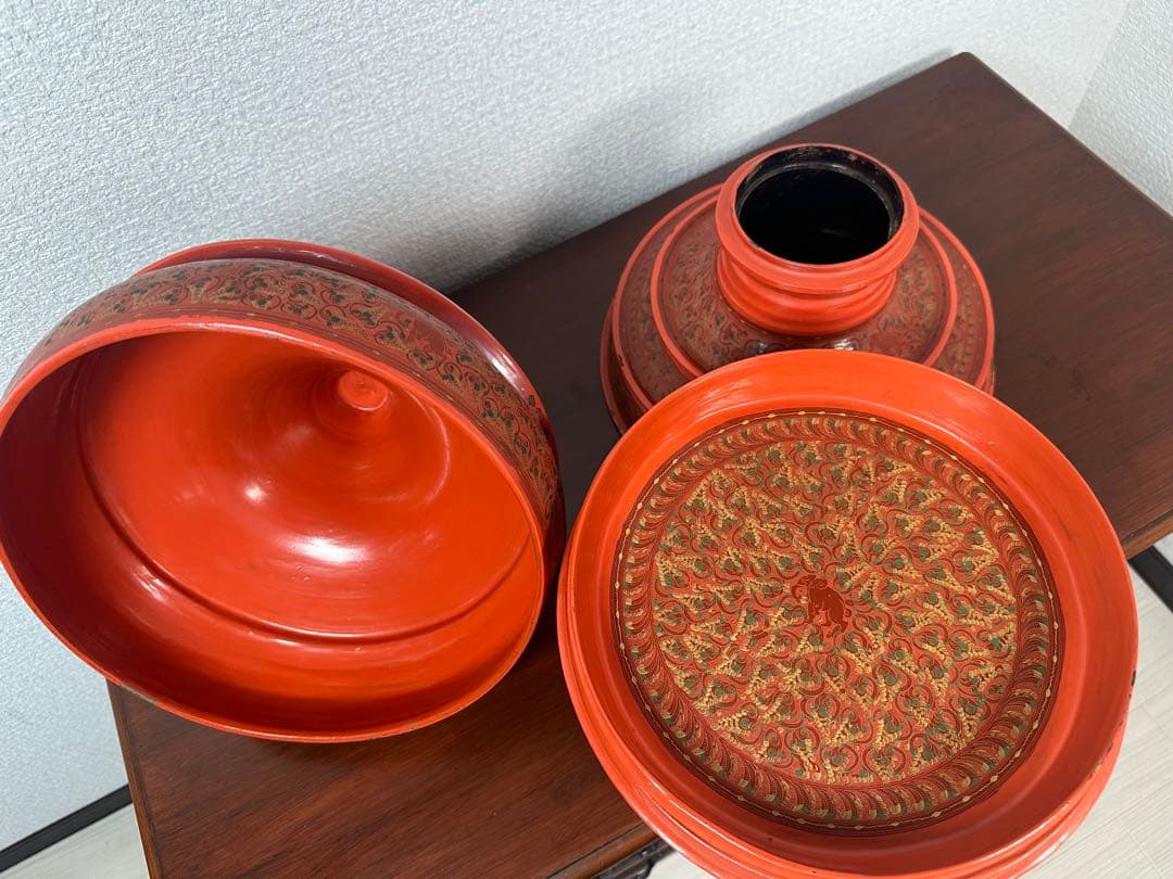 ミャンマー アンティーク 漆器 蒟醤 仏塔形 供物器 高さ約62cm ※31※