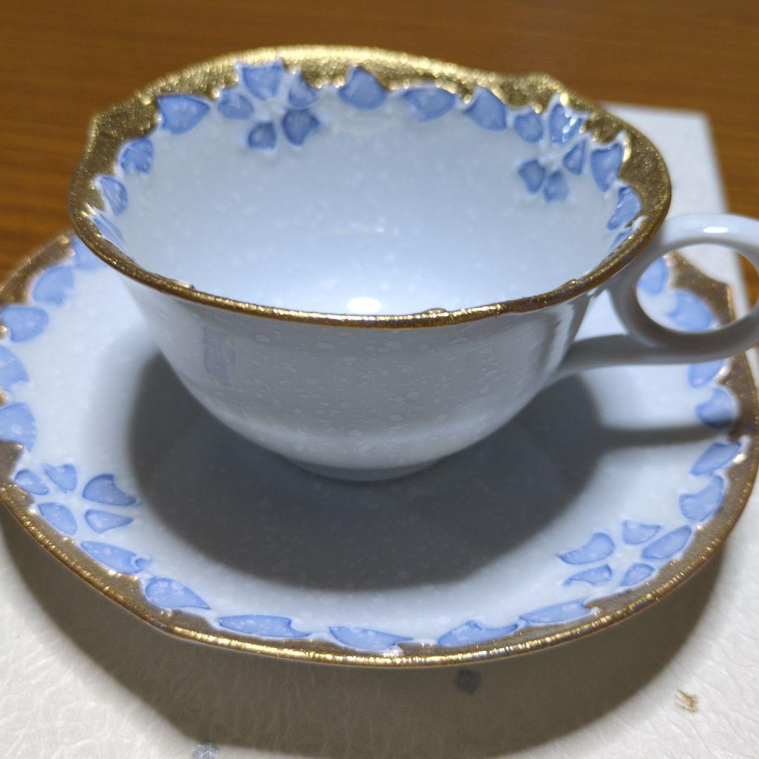 「有田焼 」「文山窯」「カップ&ソーサー」「 輪花」ゴールド「ピンクブルー」2客