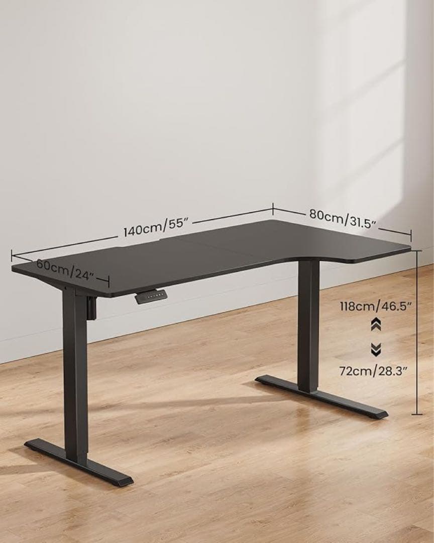 L字昇降式デスク幅140cm電動昇降デスク安定性スタンディングデスク無階段昇降