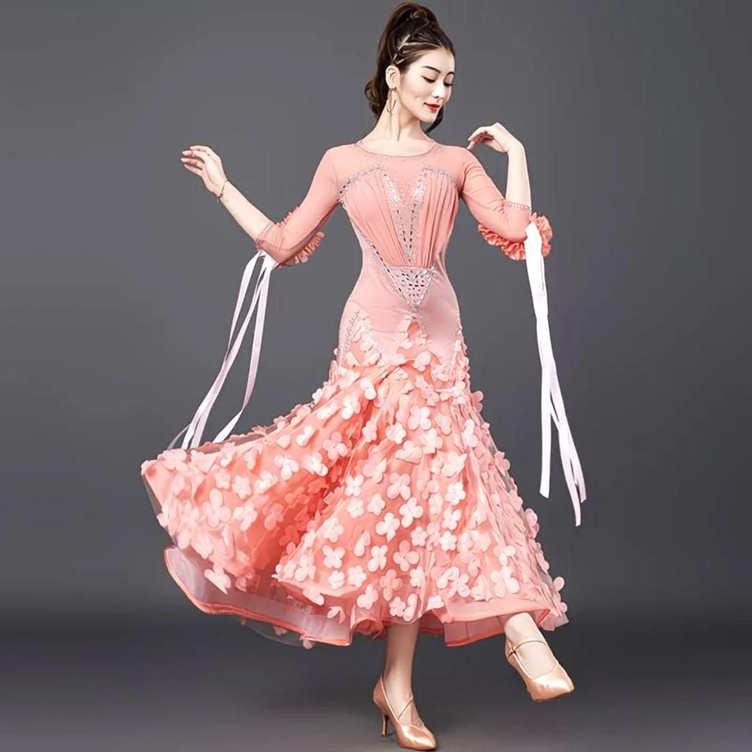 ピンク フラワー装飾 社交ダンスドレス Mサイズ