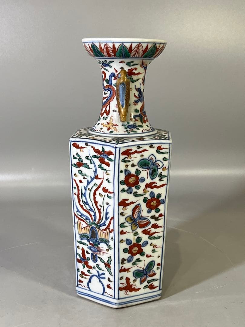 DT733 中国 赤絵 鯉双耳瓶