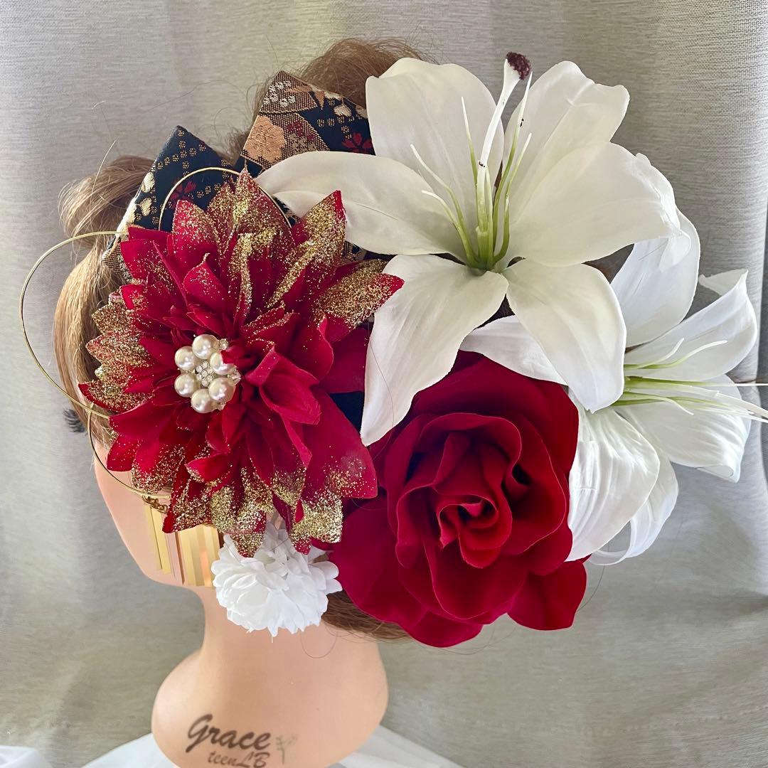 赤白　和装髪飾り　成人式髪飾り　着物髪飾り　振袖髪飾り　花嫁髪飾り　結婚式髪飾り