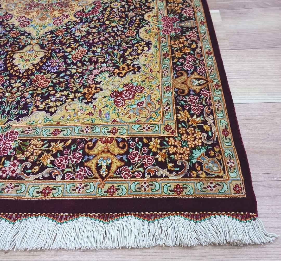 Y3257 高級ペルシャ絨毯 クム産 シラジ工房 シルク 手織り 工房サイン