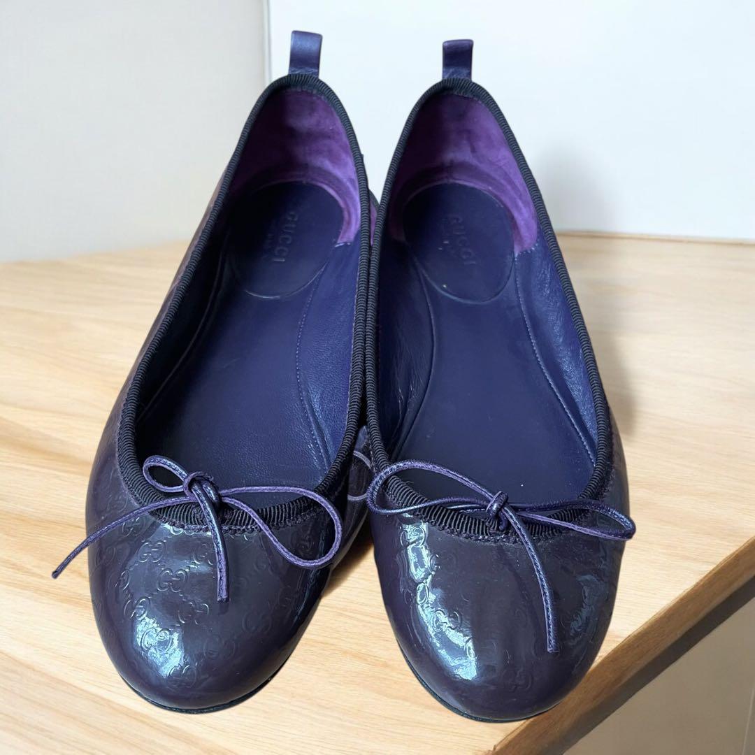 GUCCI フラット　バレエシューズ　レザー　ダークパープル　CG柄　36