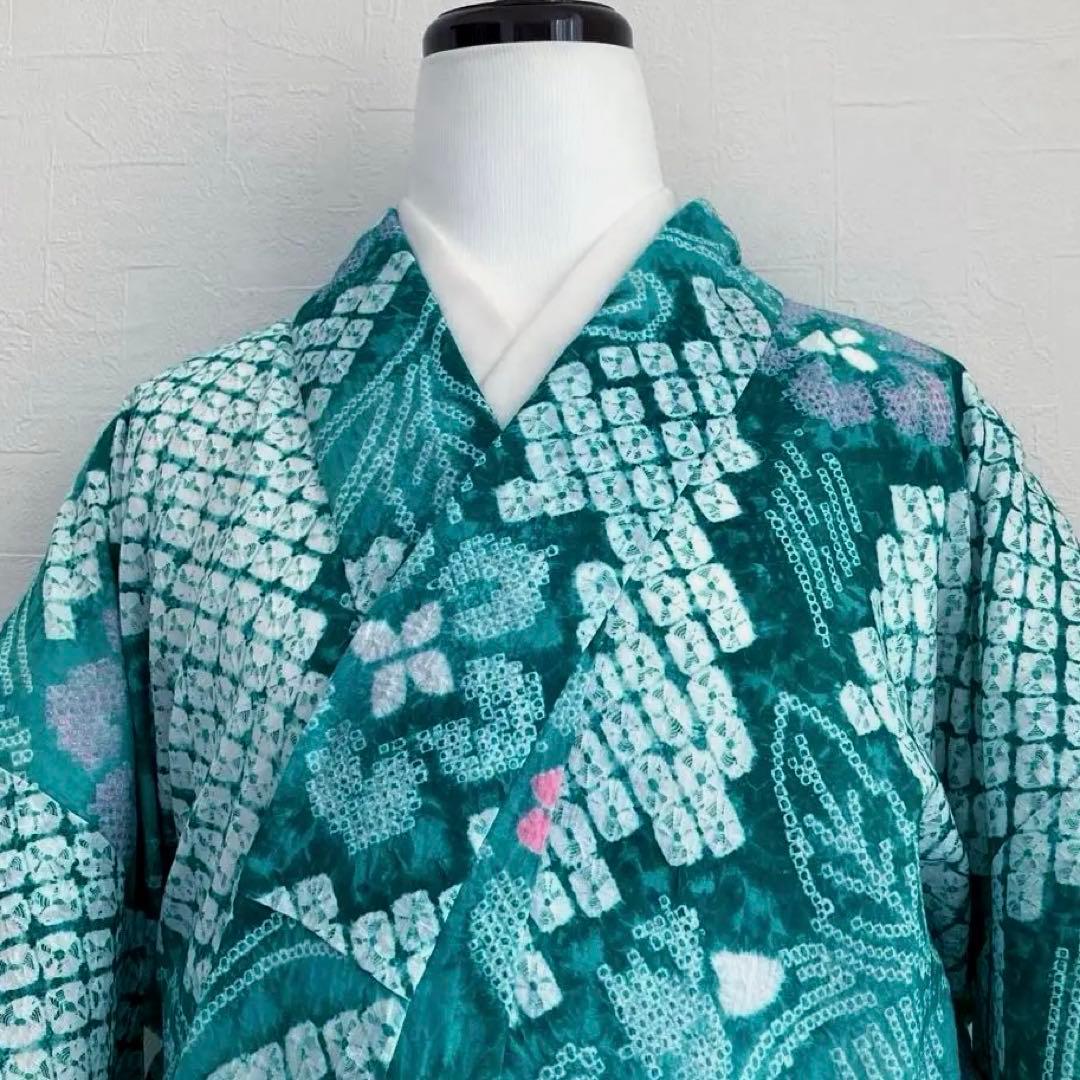 専用なまやつはし様　有松絞り浴衣　蜘蛛絞り　グリーン　花繋ぎ　手縫No.7-12